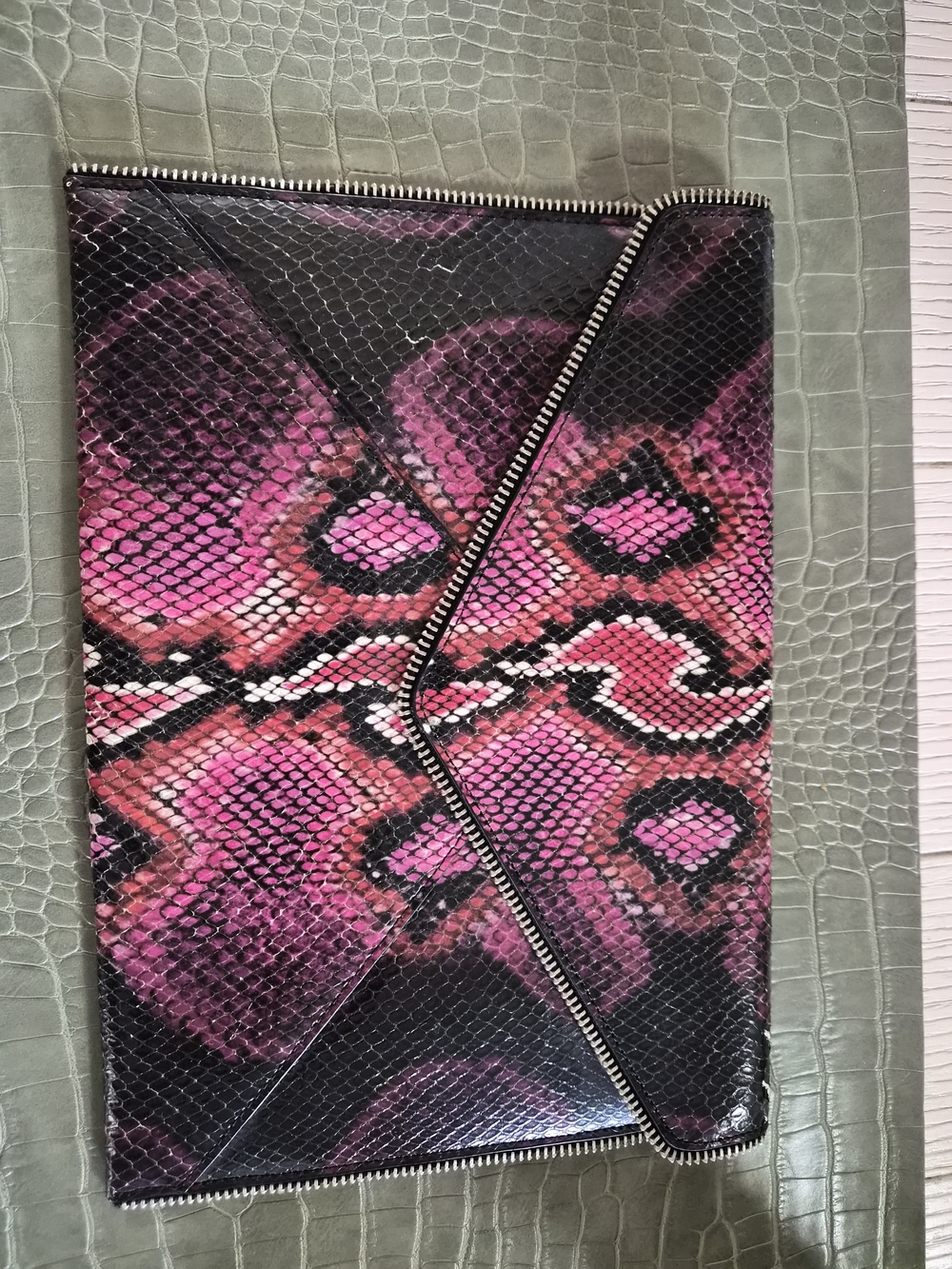 Rebecca Minkoff Pink and Black Snake-Print Envelope Clutch